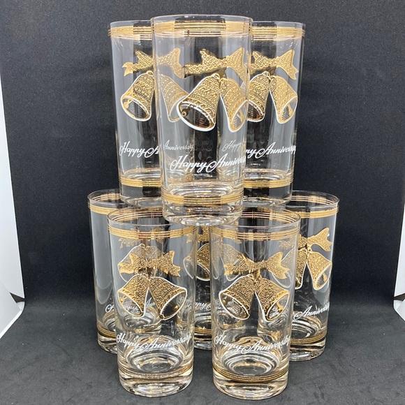 Vintage Culver Glasses Set of 8 Rare Happy Anniversary 22kt Gold Bells high ball